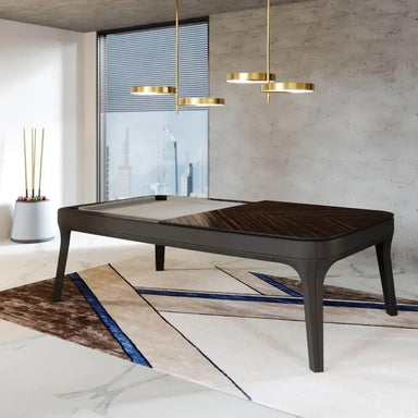 White Billiards Morris pool table with dark walnut dining top and sleek black base in contemporary interior