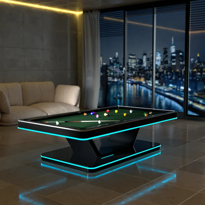 Futuristic White Billiards Stark pool table with green felt and illuminated base in luxury setting.