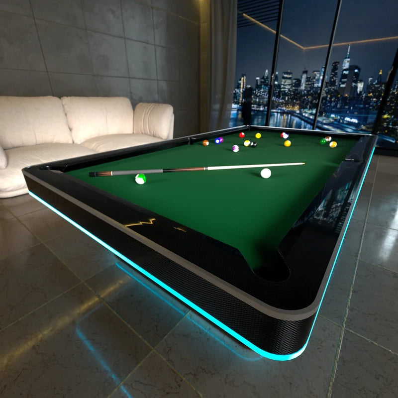Modern luxury White Billiards Stark pool table with LED trim and green felt in close-up angled view.