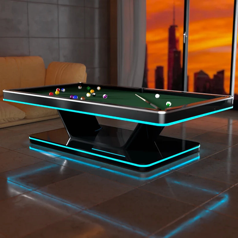 White Billiards Stark pool table set against a sunset backdrop, showcasing its LED underglow and sleek black base.