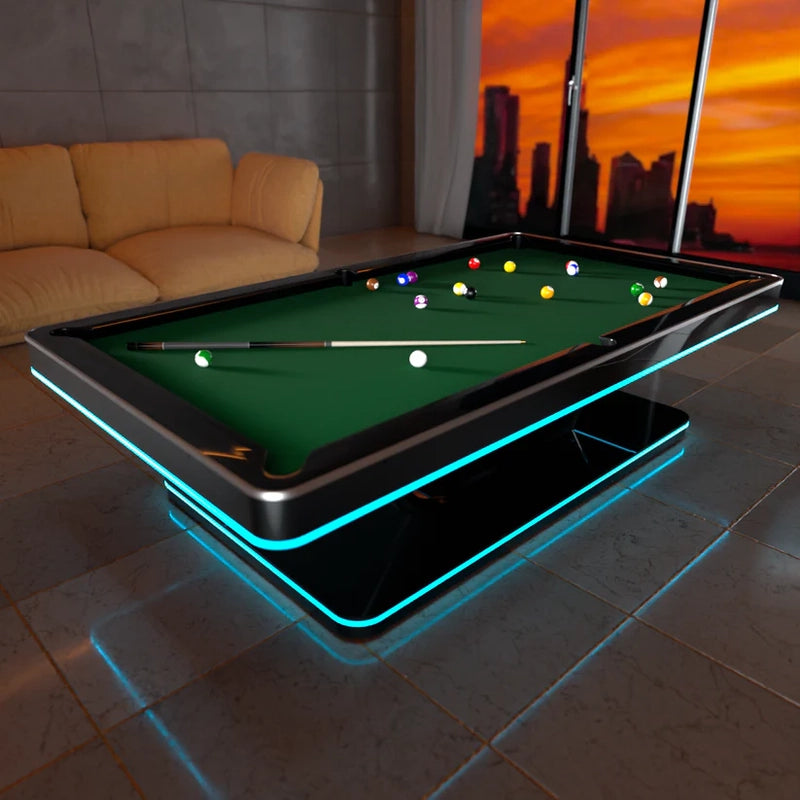 White Billiards Stark pool table in luxury apartment with sunset view, green cloth and ambient LED lighting.