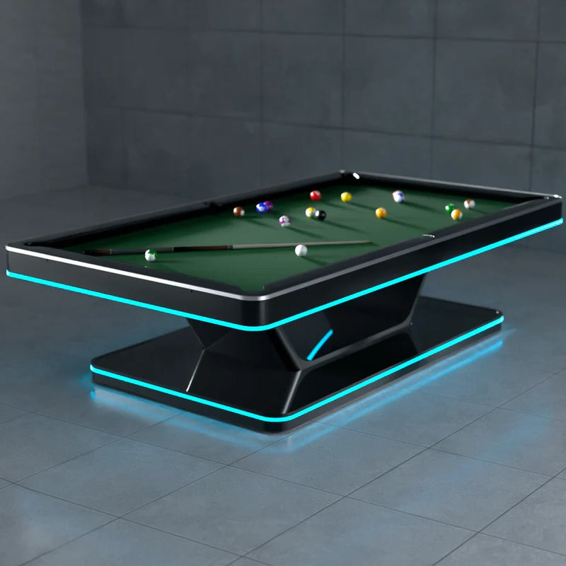 White Billiards Stark illuminated pool table in a luxury apartment with city skyline view.