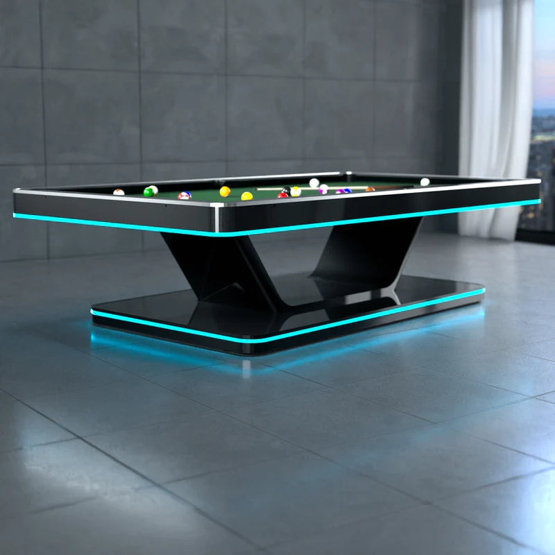 Modern Black White Billiards Stark table with LED edges and green felt in upscale living room.