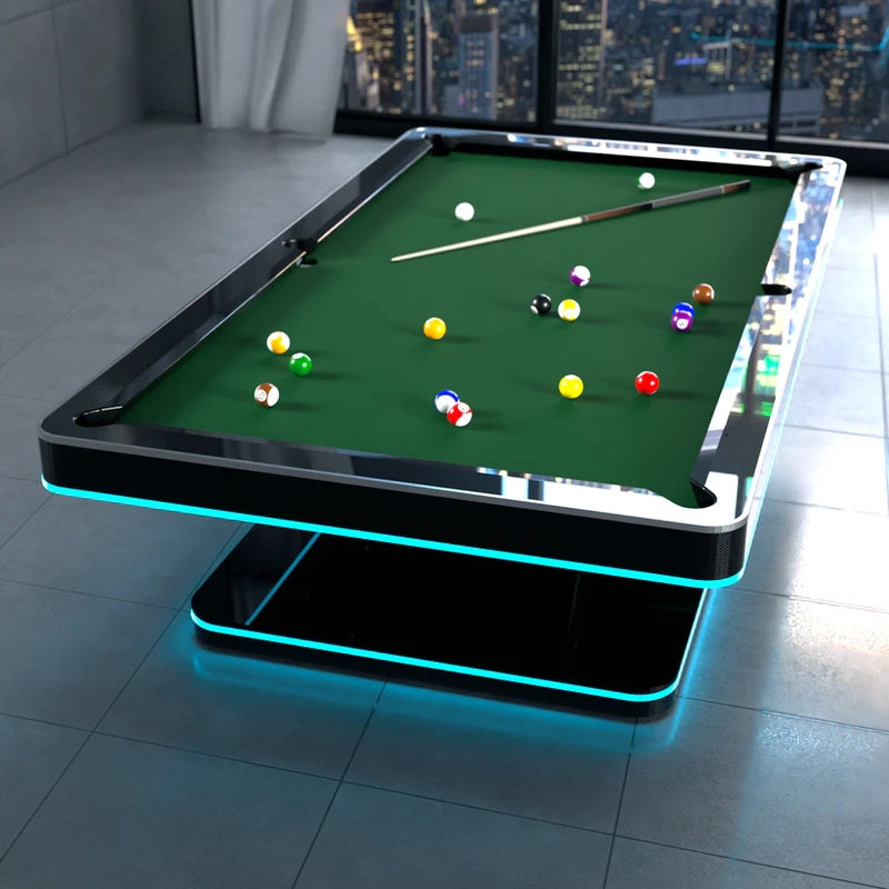 White Billiards Stark contemporary pool table with LED glow in city-view apartment.