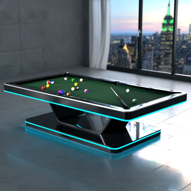 Night view of White Billiards Stark pool table in premium penthouse setting.