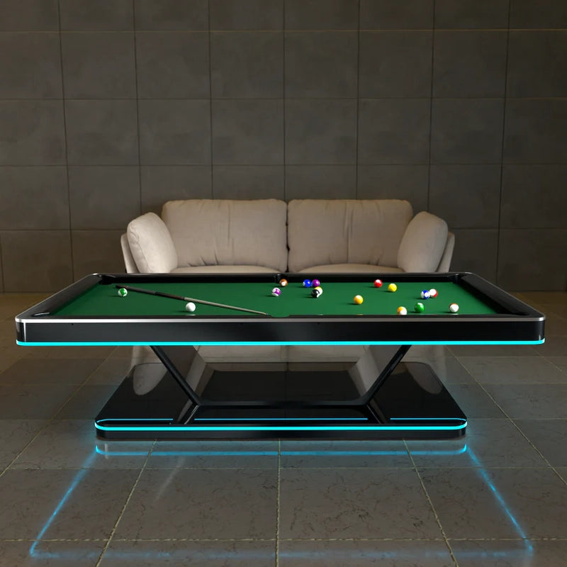 Side view of the White Billiards Stark pool table with integrated LED lighting and sleek structure.