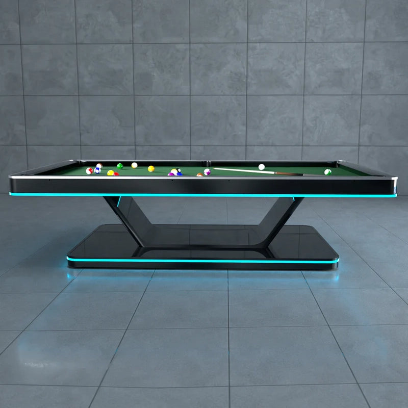 White Billiards Stark luxury pool table with futuristic black frame and glowing LED accents.