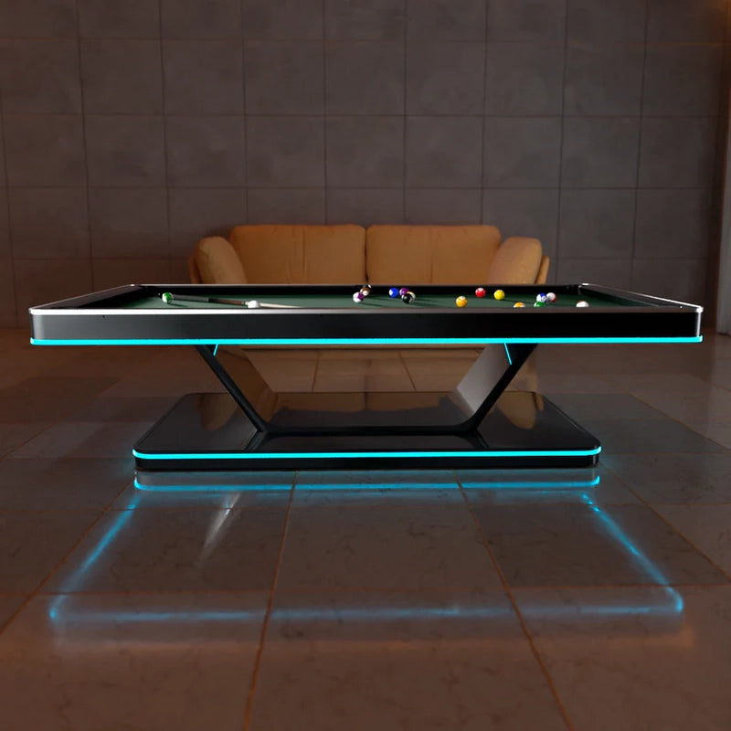 Sunset-lit White Billiards Stark pool table with LED base lighting and contemporary design.