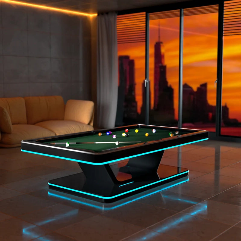 White Billiards Stark pool table at dusk with glowing LED trim and modern curved base.