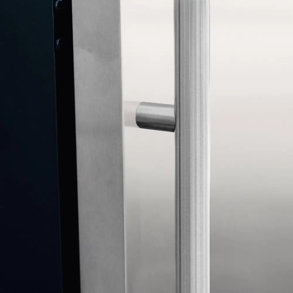 Summerset 24-inch Outdoor Refrigerator with glass door, stainless steel trim, built-in use.