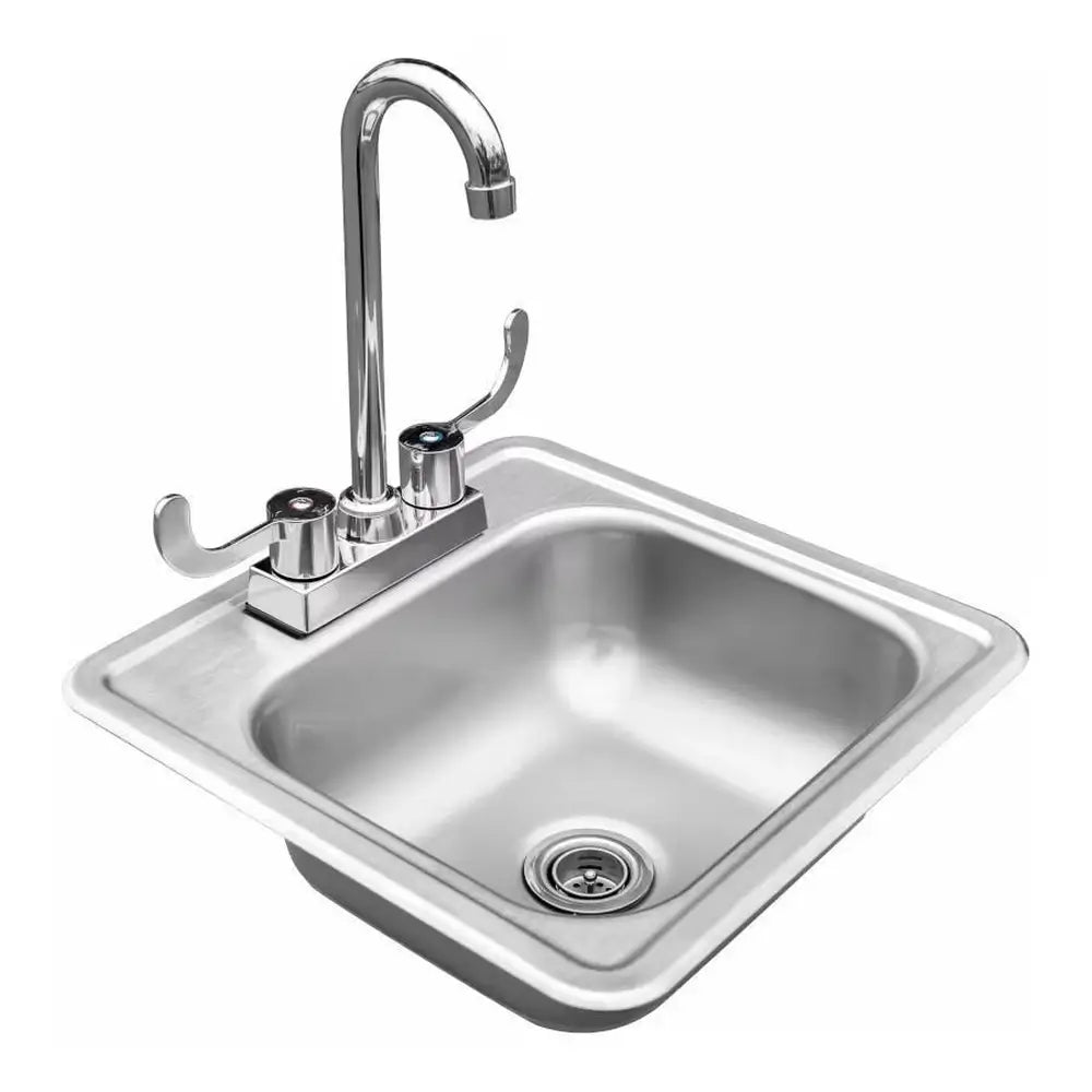 Summerset SNK-15D 15-inch stainless steel drop-in outdoor sink with faucet and handles.