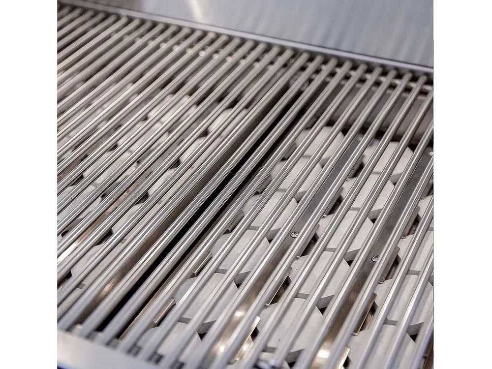 Heavy-duty stainless steel cooking grates over ceramic briquette system.
