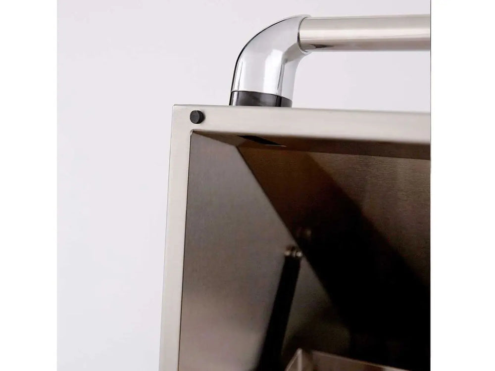 Close-up of stainless steel grill lid hinge and handle design.