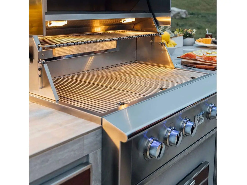 Open stainless steel outdoor grill with LED-lit control knobs and warming rack.