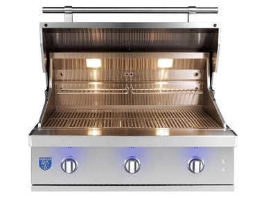 High-performance stainless steel gas grill with open hood, LED lighting, and spacious cooking grates by American Made Grills.