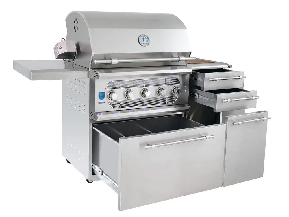 American Made Grills Muscle 36" Hybrid Grill w/ Cart Closed Lid Open Shelves