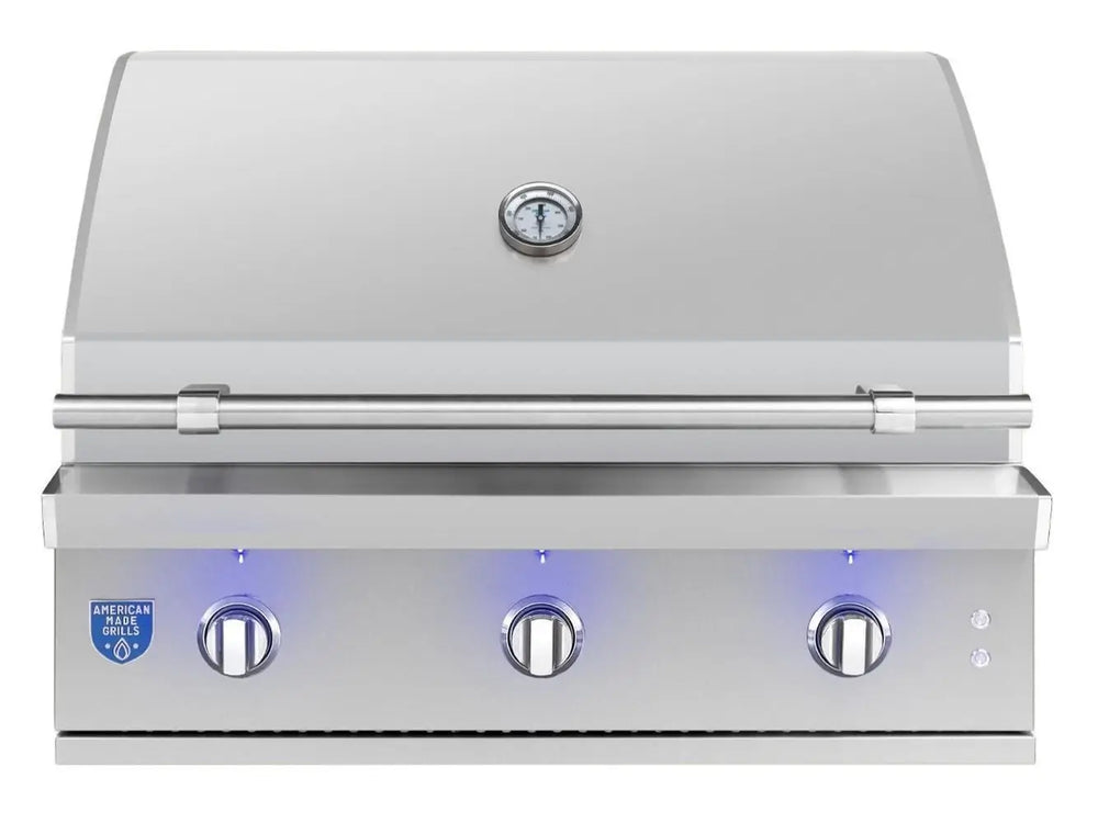 Premium stainless steel gas grill with closed hood, built-in thermometer, and blue LED control lighting.