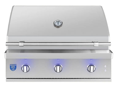 Premium stainless steel gas grill with closed hood, built-in thermometer, and blue LED control lighting.