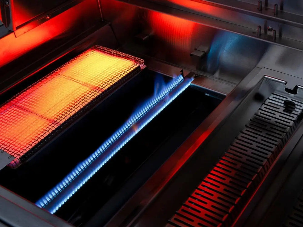 Infrared sear burner with blue flame in outdoor gas grill