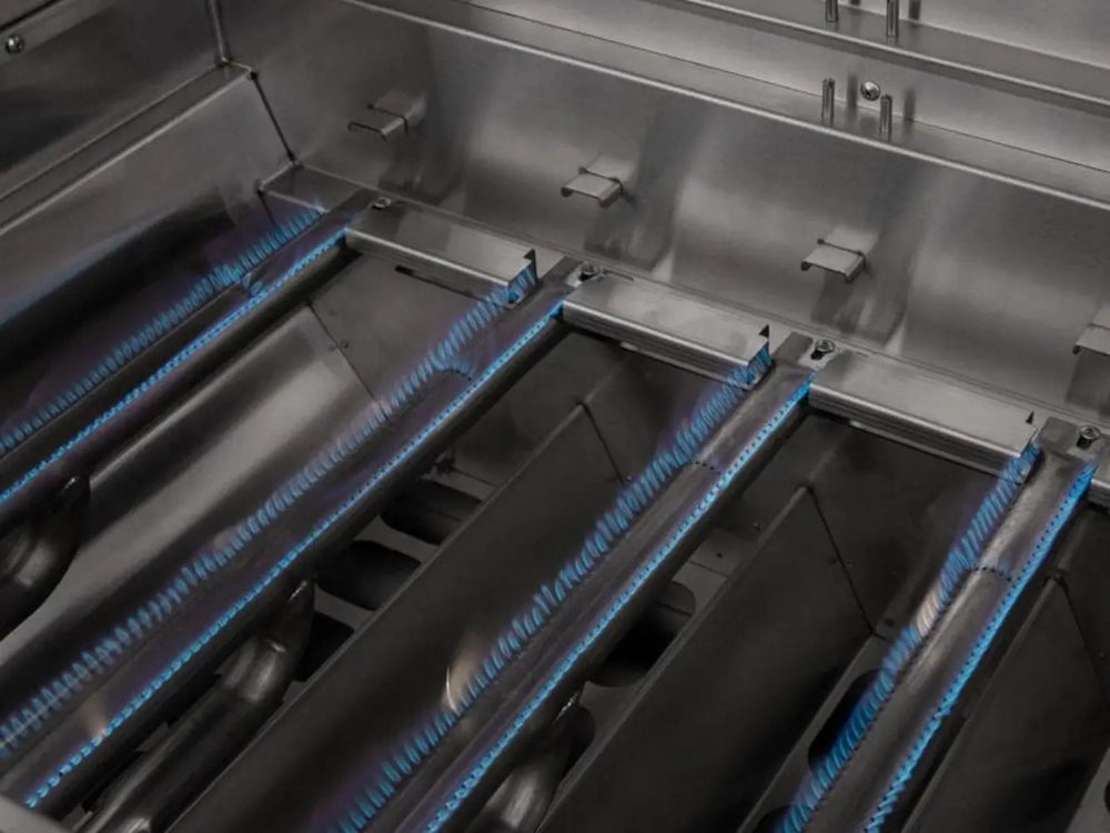 Blue flame gas burners in professional outdoor grill