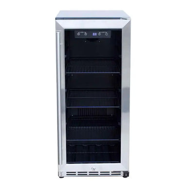 Summerset RFR-15G 15" Outdoor Refrigerator, open glass door showing interior wire shelving.