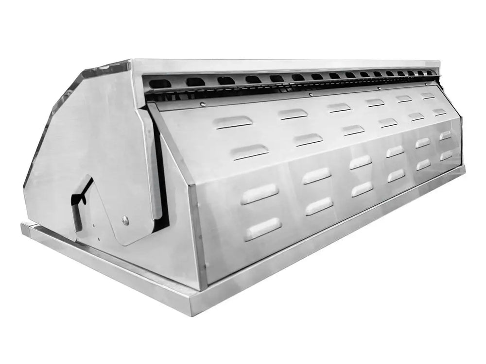 Heavy-duty stainless steel grill hood with heat venting design for outdoor cooking