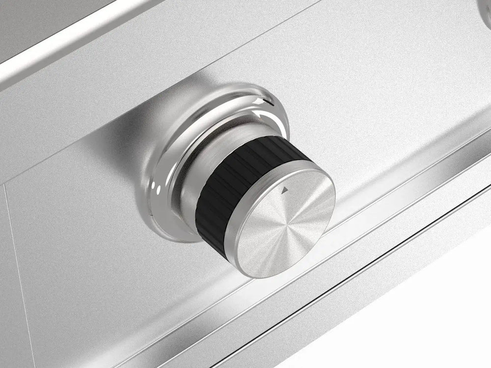Stainless steel grill control knob with black grip and precision heat adjustment