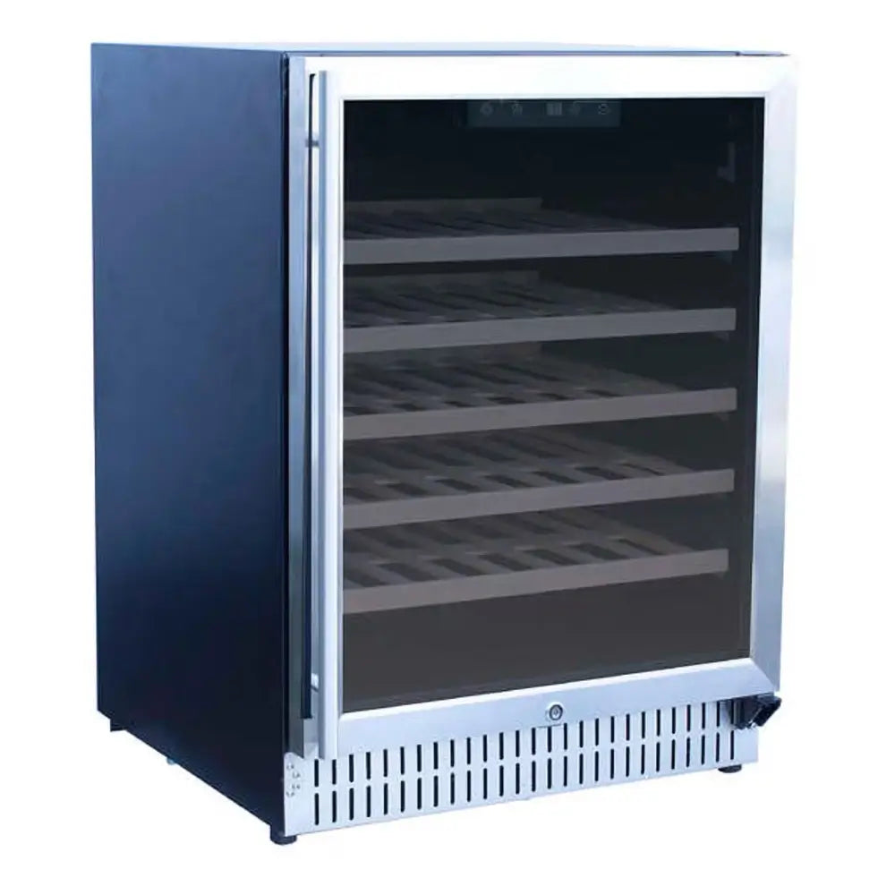 Summerset RFR-24W 24" outdoor built-in wine cooler with stainless steel frame and wood shelves.