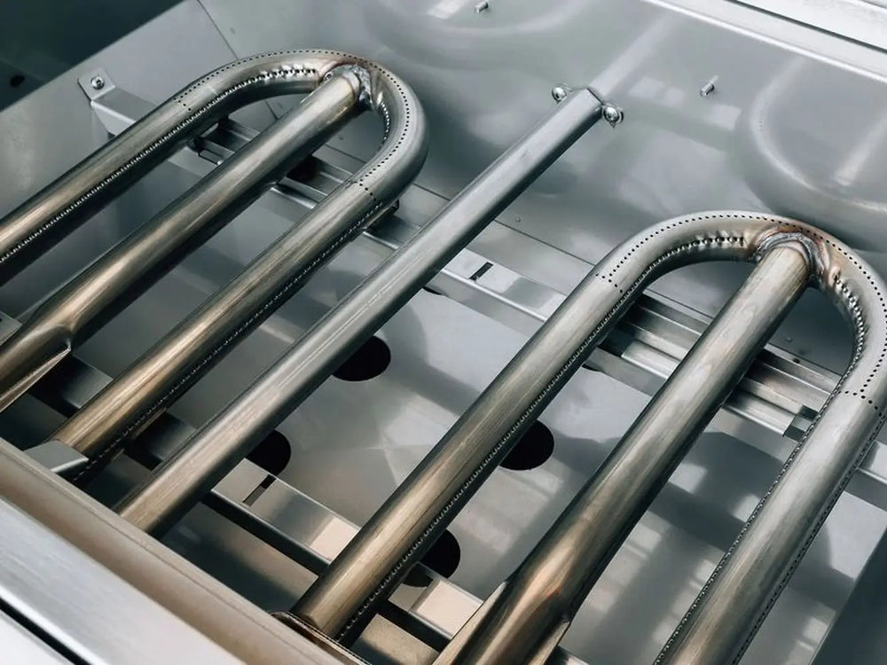 U-shaped stainless steel burners inside premium gas grill