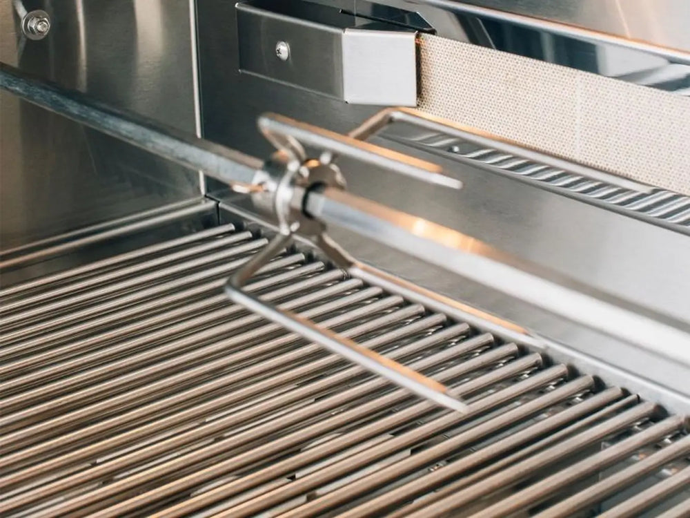 Stainless steel grill grates with rotisserie rod attachment