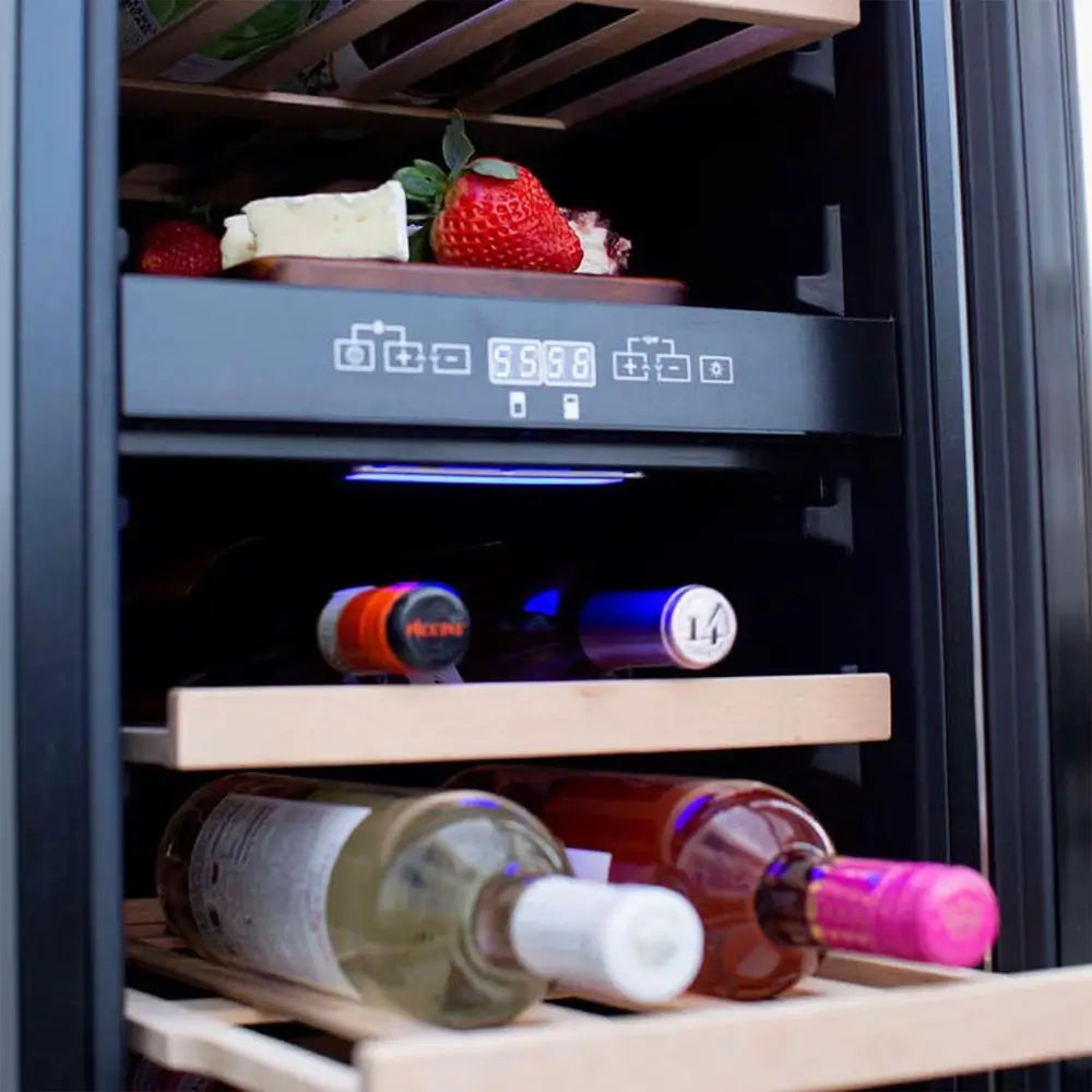 Close-up of Summerset RFR-15WD dual zone digital controls, wood shelf, wine bottles, and UV light.
