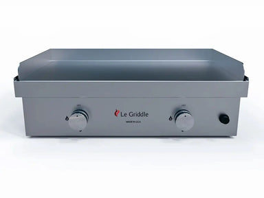 Front view of Le Griddle stainless steel built-in gas griddle with dual control knobs.