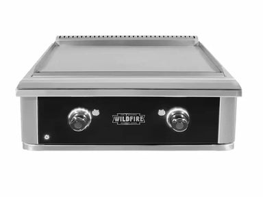 Front view of Wildfire Ranch Pro 30-Inch Black 304 SS Griddle showcasing dual control knobs with LED lighting, a flat stainless steel cooking surface, and premium black finish for high-performance outdoor griddling.