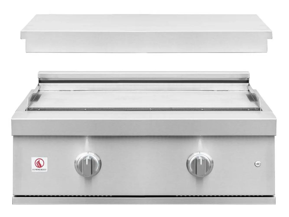 Stainless steel built-in flat top griddle with dual control knobs and removable lid