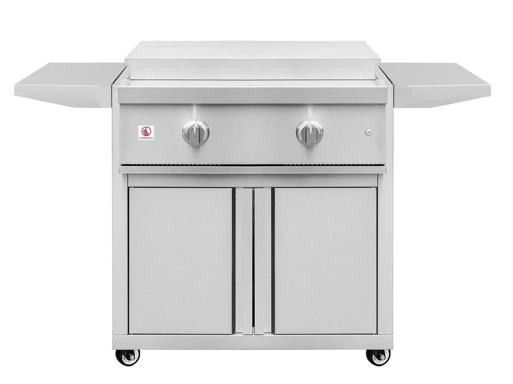 Stainless steel freestanding flat top griddle grill with side shelves and cabinet doors