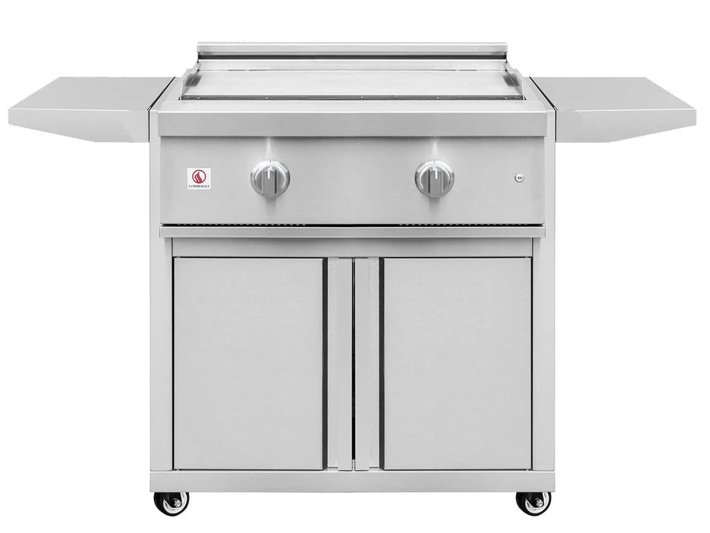 Stainless steel outdoor griddle grill with lid open showing flat cooking surface