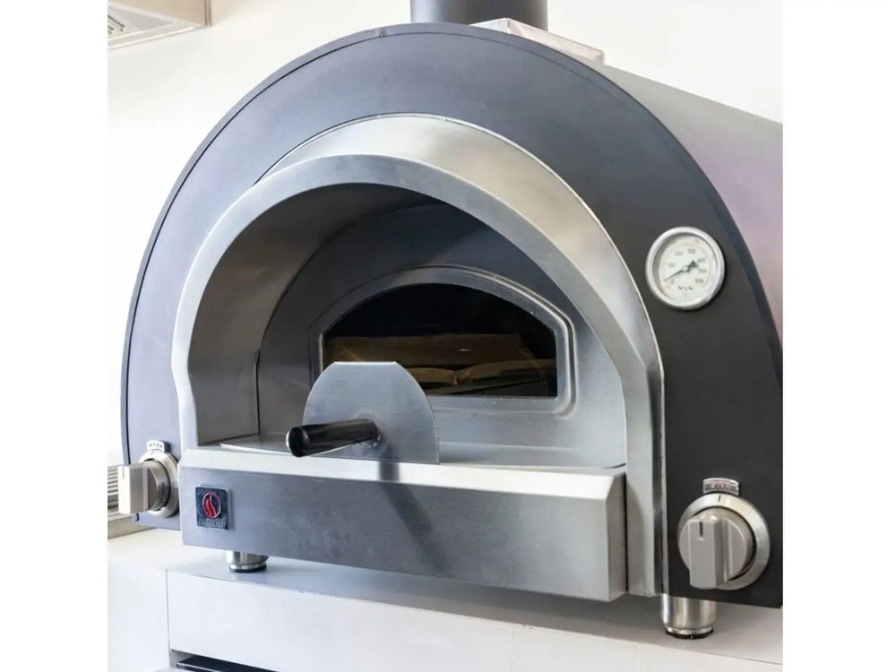 Summerset hybrid pizza oven with stainless steel door, built-in thermometer, and dual fuel controls