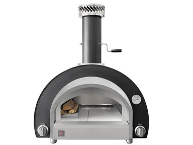 Summerset hybrid pizza oven with chimney vent and dual wood and gas fuel options
