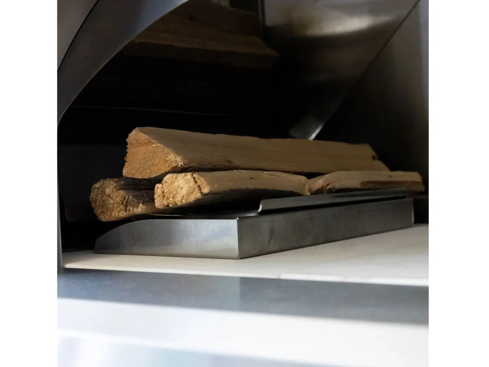 Summerset hybrid pizza oven wood tray holding logs for authentic wood-fired cooking