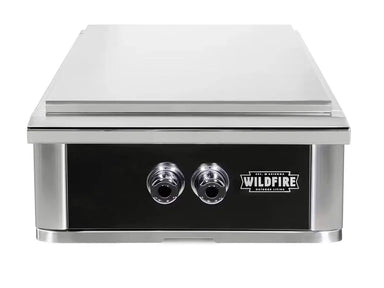 Wildfire Ranch Pro Black SS Power Burner – 60,000 BTUs featuring a sleek stainless steel lid, two front-facing control knobs, and bold black paneling for seamless integration into luxury outdoor cooking setups.