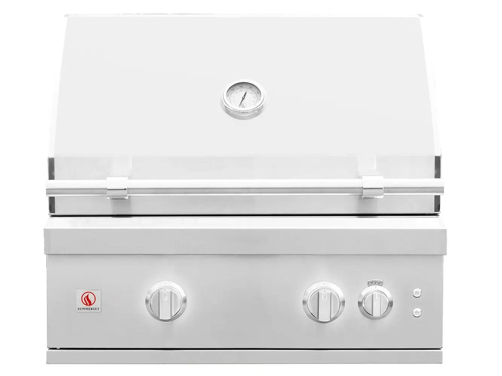 Front view of stainless steel Summerset gas grill with closed hood and temperature gauge.