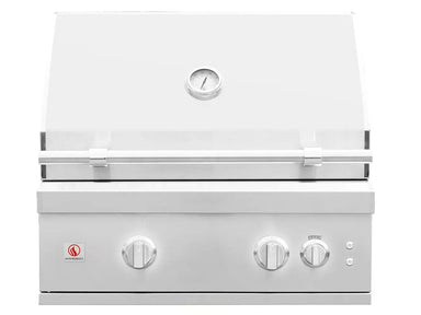 Front view of stainless steel Summerset gas grill with closed hood and temperature gauge.