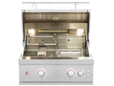 Open Summerset outdoor gas grill with illuminated interior and warming racks.