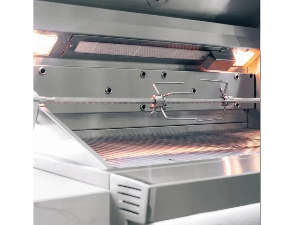 Rotisserie kit installed inside stainless steel grill with infrared back burner and interior lighting.