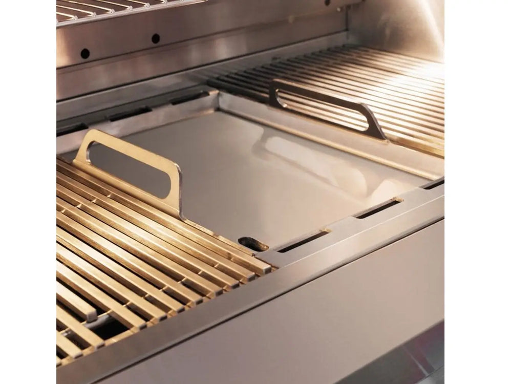 Removable stainless steel cooking grates with flat-top griddle insert in outdoor grill.