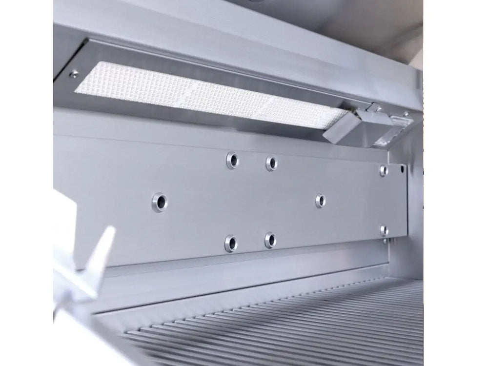 Infrared rear burner assembly inside stainless steel outdoor gas grill.