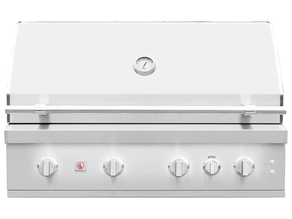 Front view of stainless steel Summerset built-in gas grill with closed hood and temperature gauge.