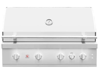 Front view of stainless steel Summerset built-in gas grill with closed hood and temperature gauge.