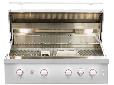 Open Summerset built-in stainless steel grill with illuminated cooking area and warming racks.