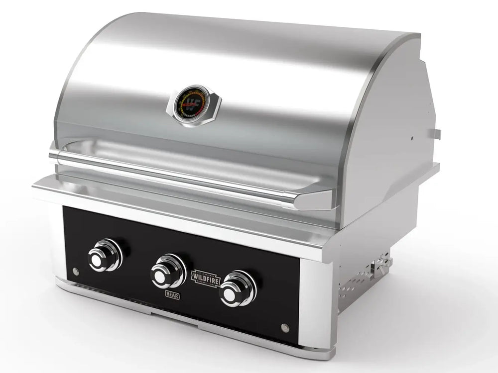 Wildfire 30-Inch 3-Burner Built-In Gas Grill – angled front view with closed hood